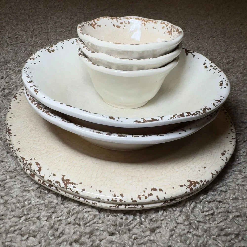 Pier 1 Imports Carmelo Melamine Crackle Bowls Plates Snack Dish LOT of 7 Ivory
